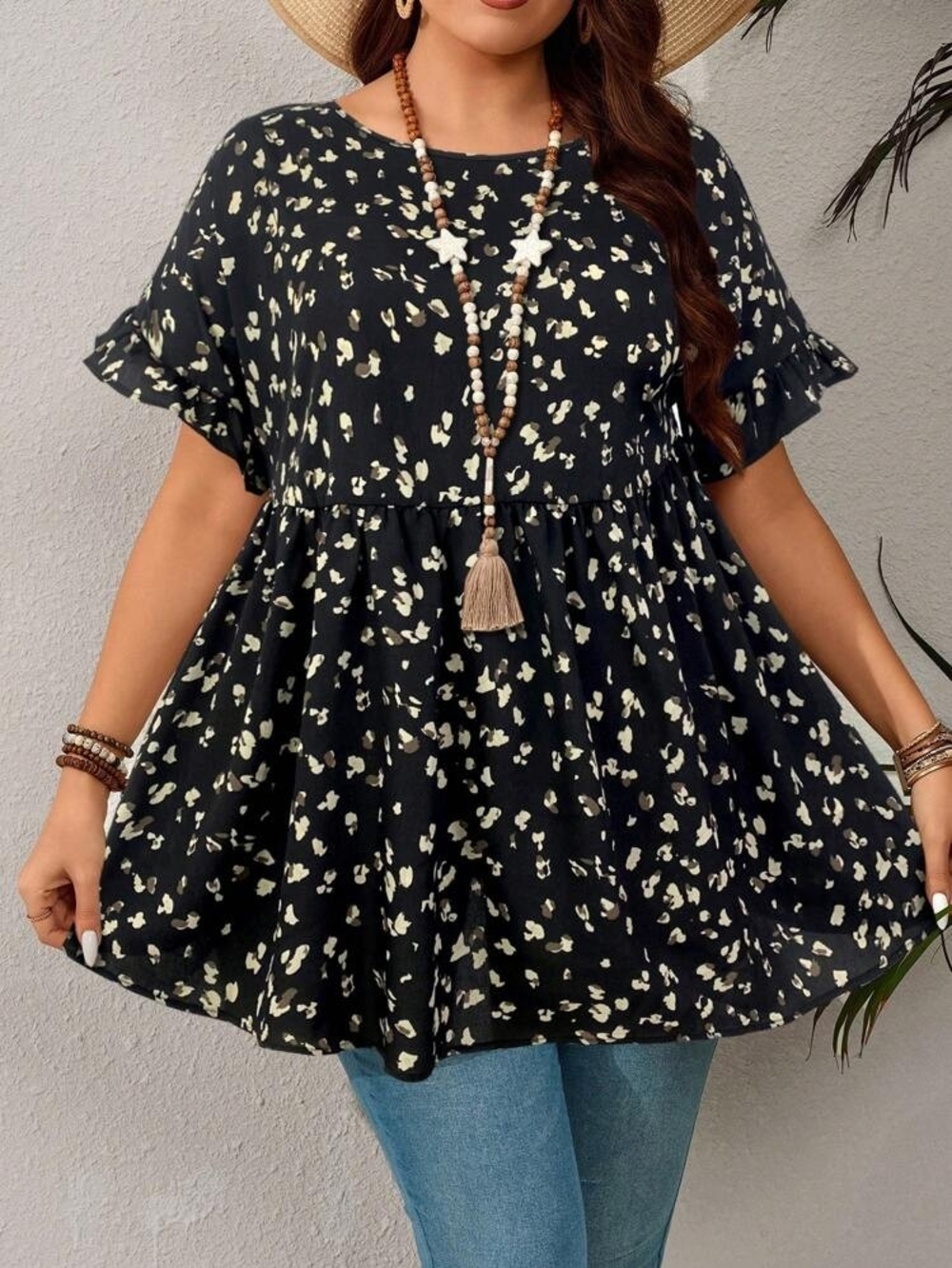 Shein Curve Black Abstract Print Flutter Sleeve Babydoll Blouse 6X US 24/26 Plus